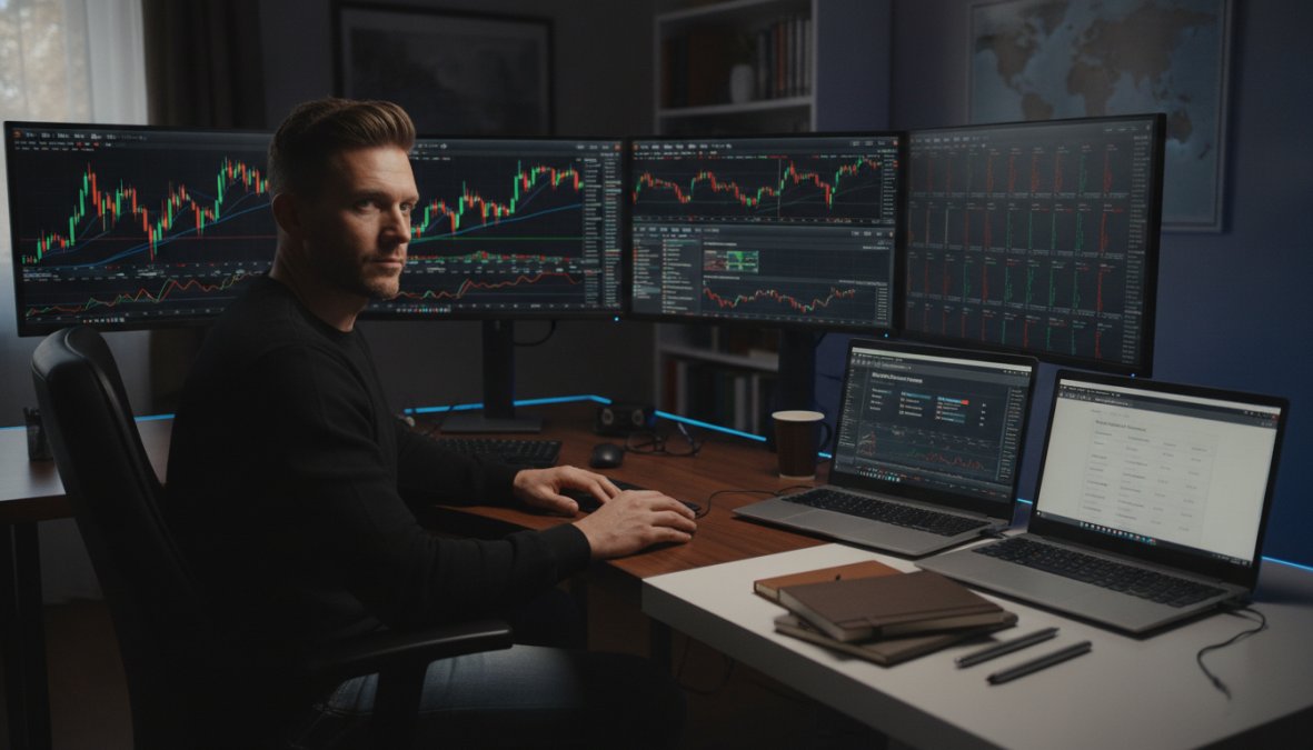 A professional trader sitting at a multi-monitor trading desk displaying MetaTrader 5 charts with candlestick patterns, technical indicators, and order panels in a dimly lit home office with blue ambient lighting