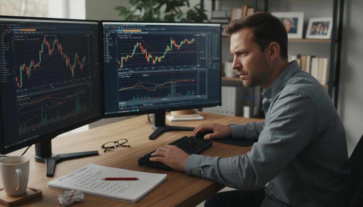 A focused trader sitting at a dual-monitor trading desk reviewing MetaTrader 5 charts, with a cautious expression, notepad with a handwritten checklist beside the keyboard, warm desk lamp lighting in a home office setting