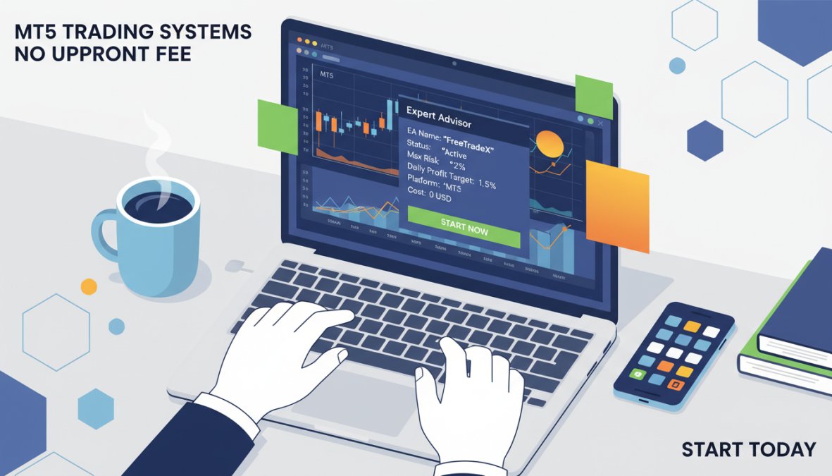 Close-up of hands typing on a laptop displaying a MetaTrader 5 interface with Expert Advisor settings open, a ceramic coffee mug and smartphone resting on a clean wooden desk beside the keyboard, soft natural light from a nearby window