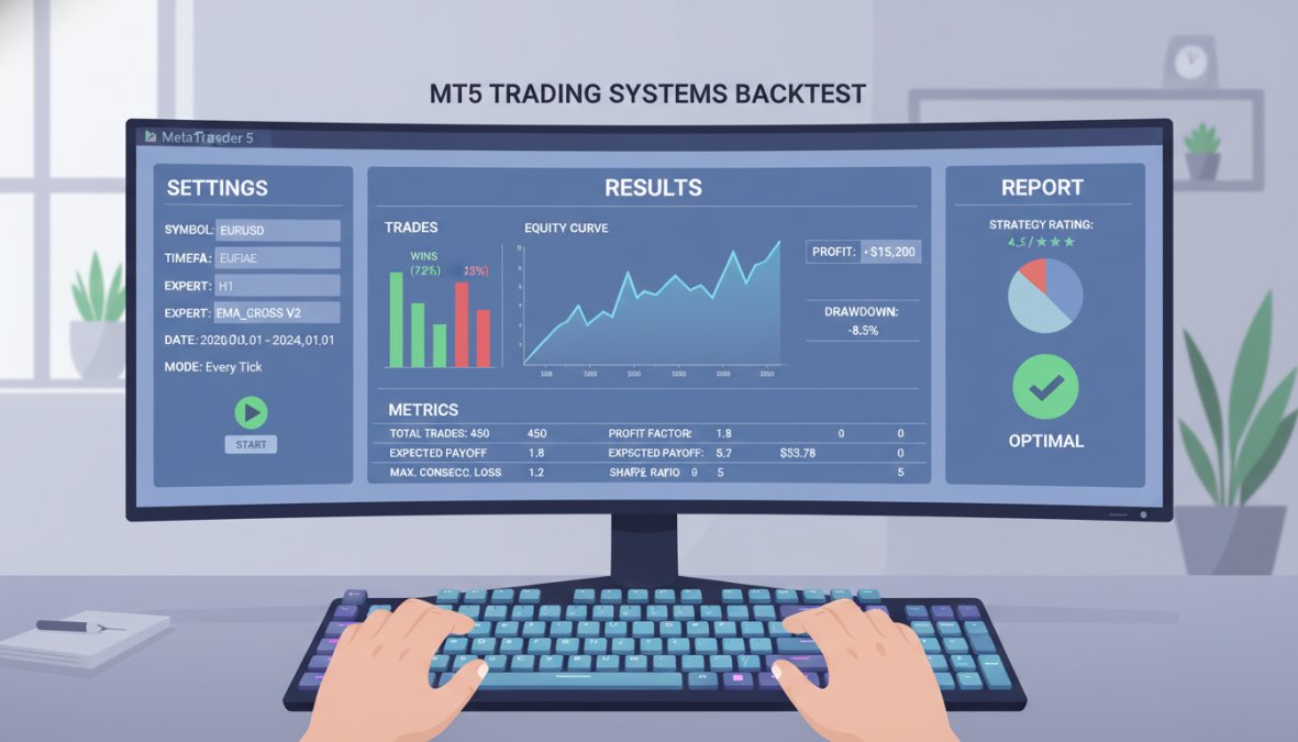 Close-up of a trader's hands on a mechanical keyboard, with MetaTrader 5 strategy tester results displayed on a large widescreen monitor in a clean, well-lit home office setup