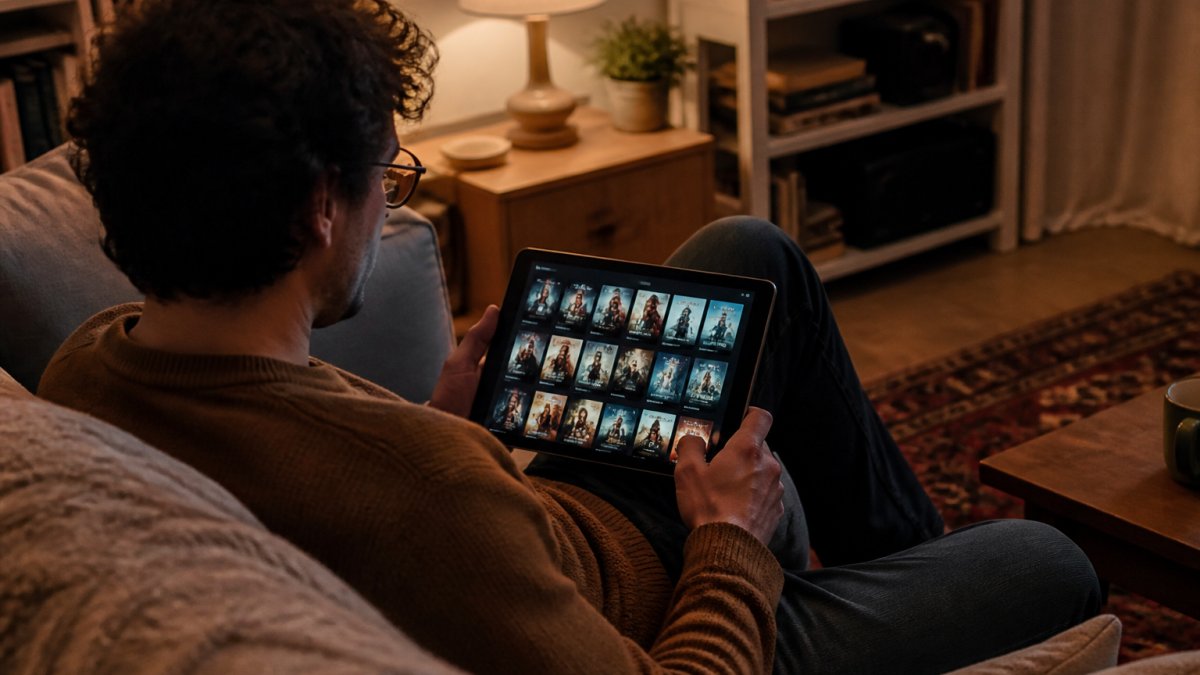 Cinephile sitting on a couch with tablet, browsing streaming app with indie film titles visible on screen, warm evening lighting