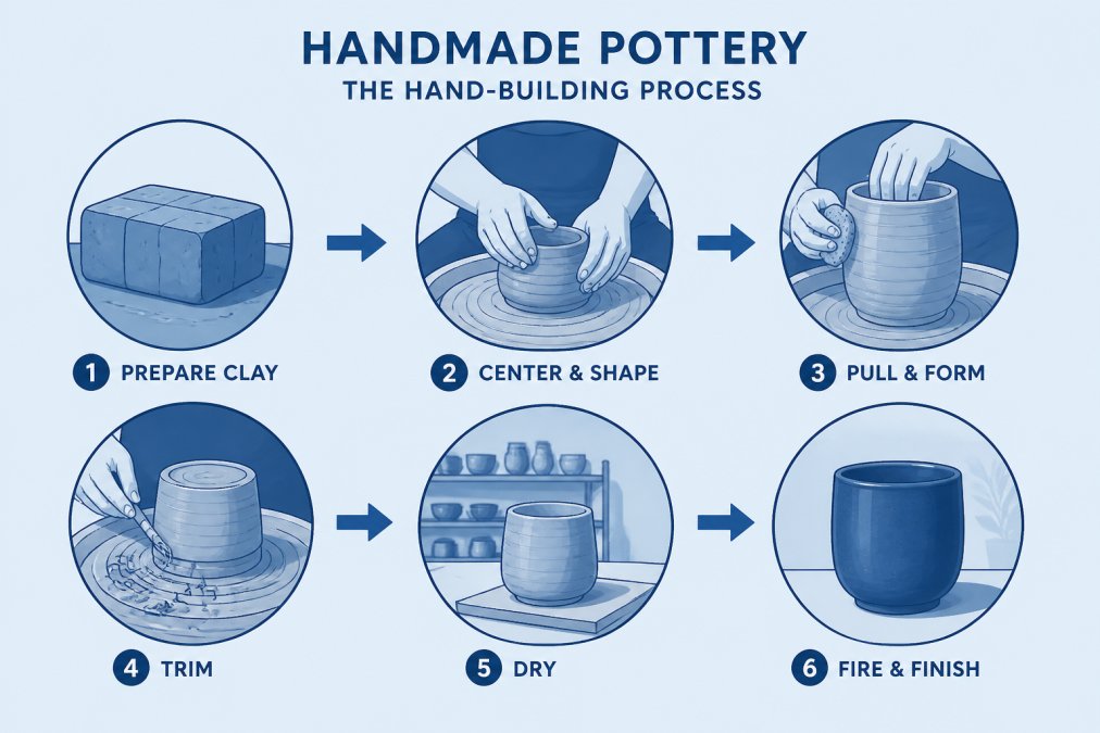 Close-up of artisan's hands shaping clay on pottery wheel with natural studio lighting, showing the hand-building process of handmade ceramics