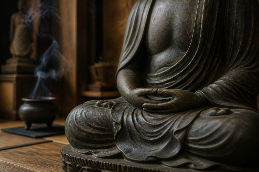 Close-up photograph of a seated bronze Japanese Buddha statue with hands resting in the lap, palms facing upward and thumbs lightly touching, soft natural light across the patina, blurred meditation room background with incense
