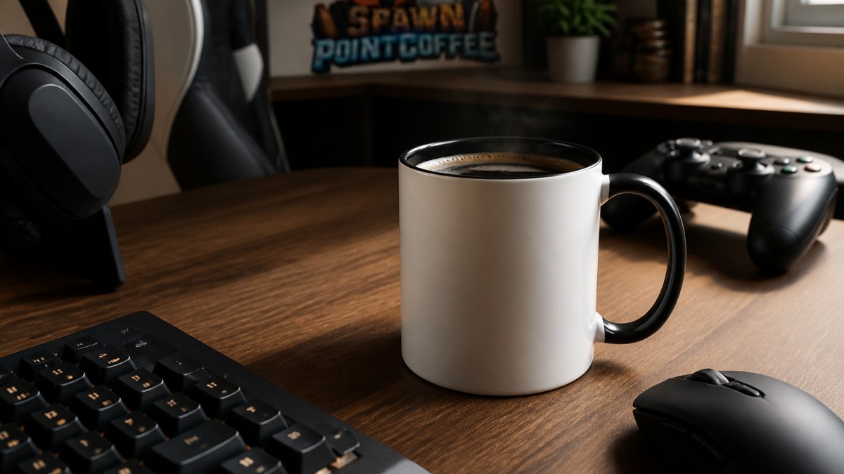 Close-up of a white ceramic gaming mug with a black rim and handle sitting on a wooden gaming desk beside a keyboard and mouse, with a controller resting nearby and soft monitor glow in the background