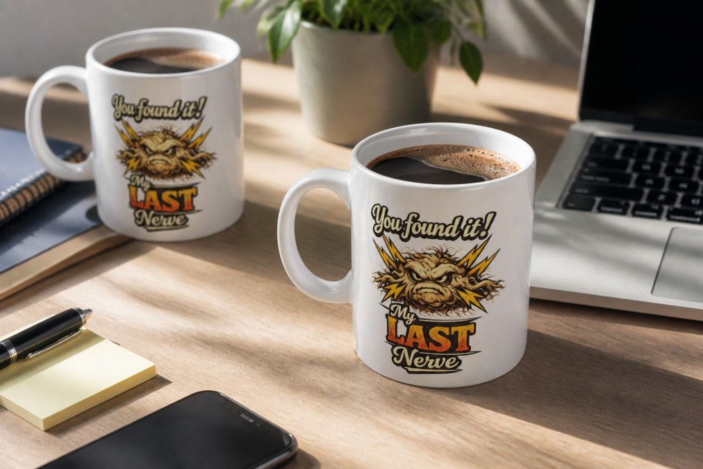 Close-up of colorful ceramic mugs with bold illustrated designs displayed on a bright office desk next to a laptop and coffee cup, morning sunlight streaming across the workspace