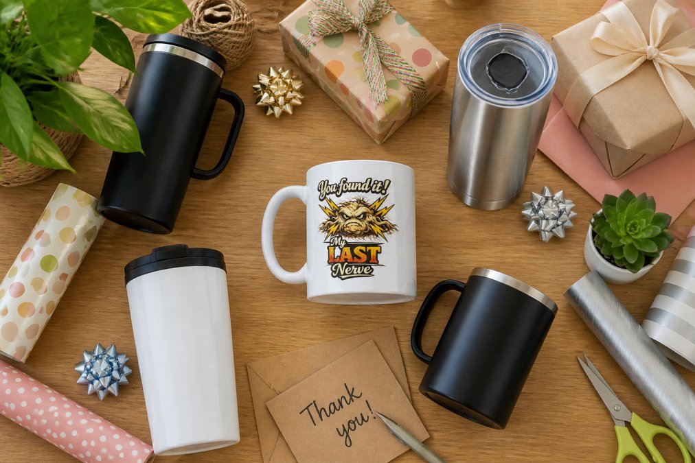 Flat lay of various ceramic mugs and stainless steel tumblers arranged on a wooden surface with colorful gift wrapping materials, thank-you cards, and small decorative elements in natural daylight