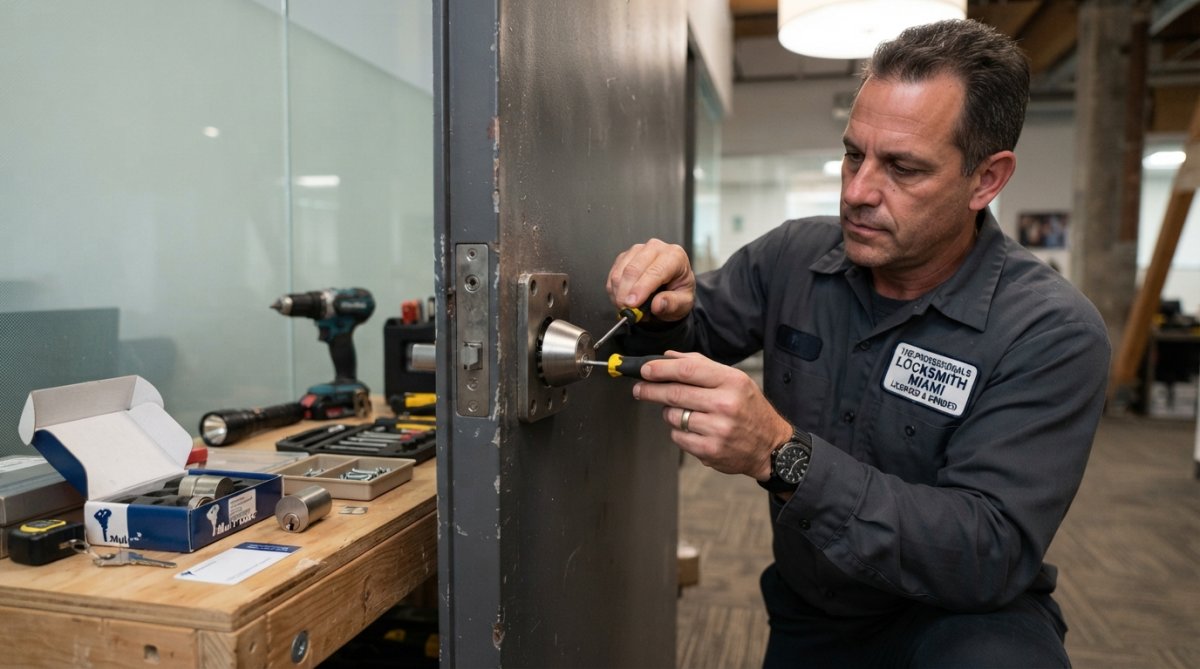 Professional locksmith using a screwdriver for a commercial Mul-T-Lock installation on a metal door frame.