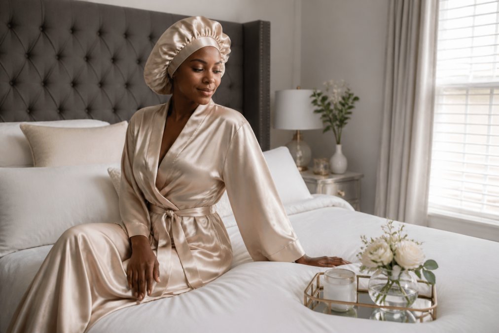Woman wearing a luxurious mulberry silk robe and bonnet in a serene, softly-lit bedroom setting, demonstrating comfort and refined elegance