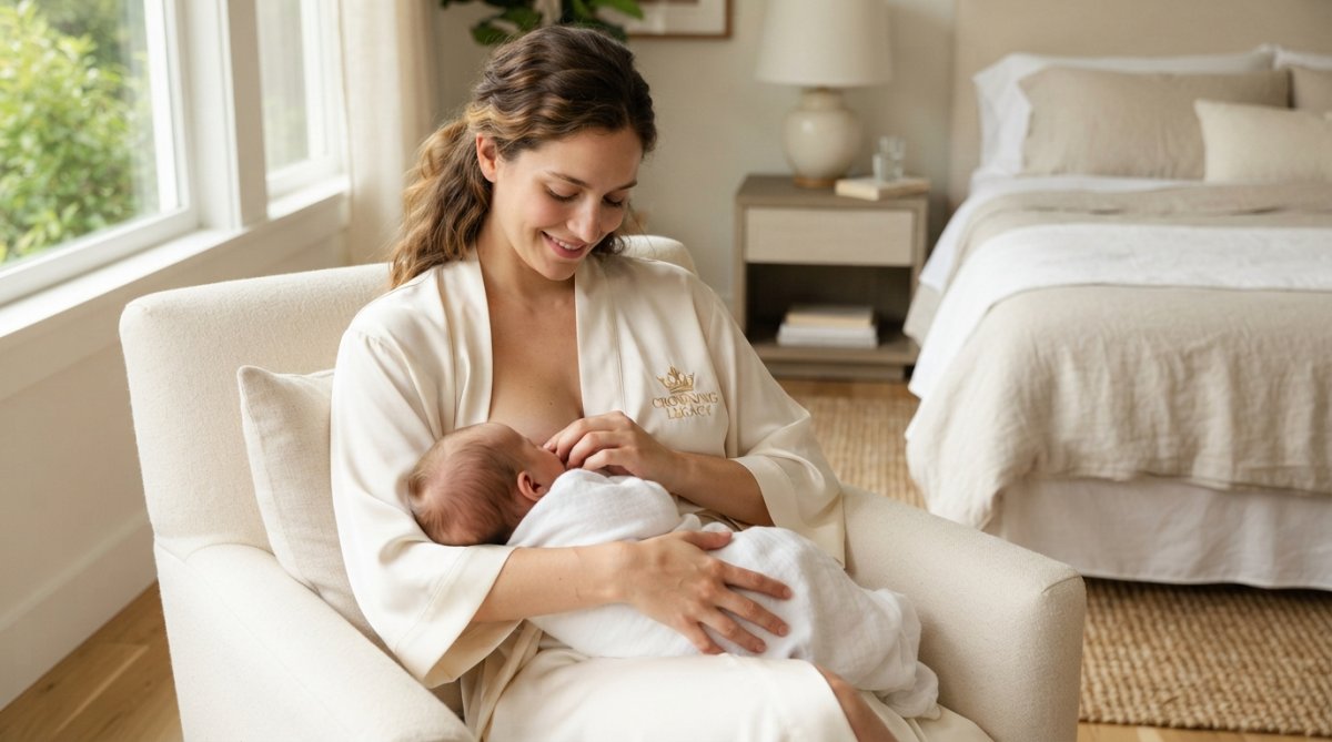 New mother wearing a luxurious mulberry silk robe in soft ivory, resting peacefully in natural morning light while nursing, the smooth fabric visibly gentle against her skin