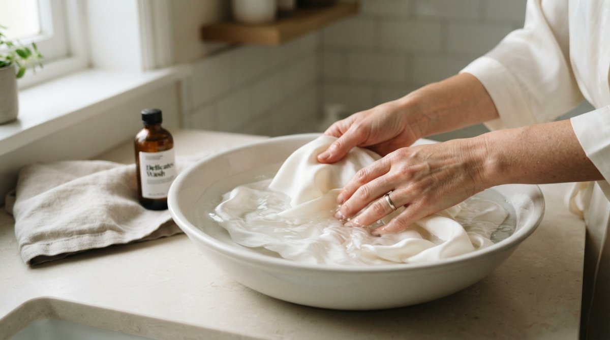 Hands gently washing a delicate ivory mulberry silk robe in cool water, showing careful handling of the luxurious fabric with intentional care in soft natural lighting