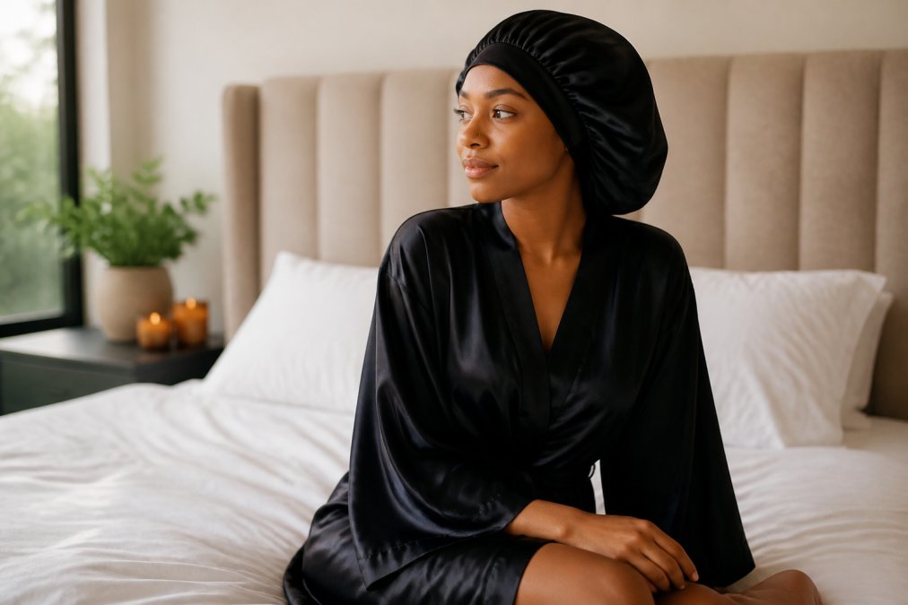Woman wearing a luxury silk bonnet and silk robe in a serene, softly lit bedroom setting, demonstrating comfort and elegance while seated