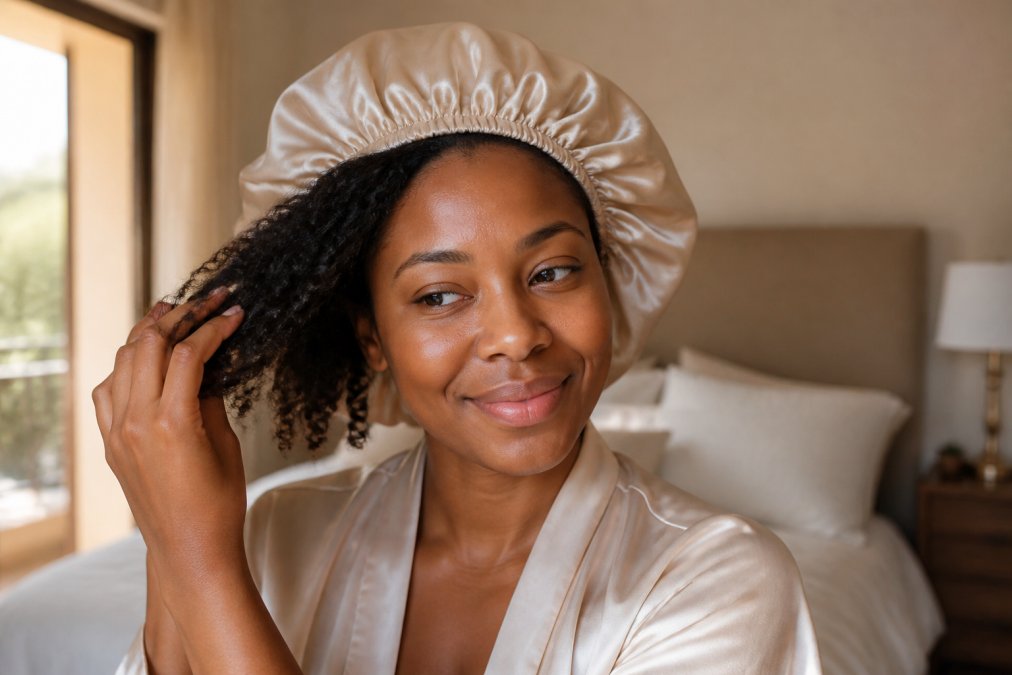 Woman with natural coily hair smiling while wearing a mulberry silk bonnet in a sunny bedroom