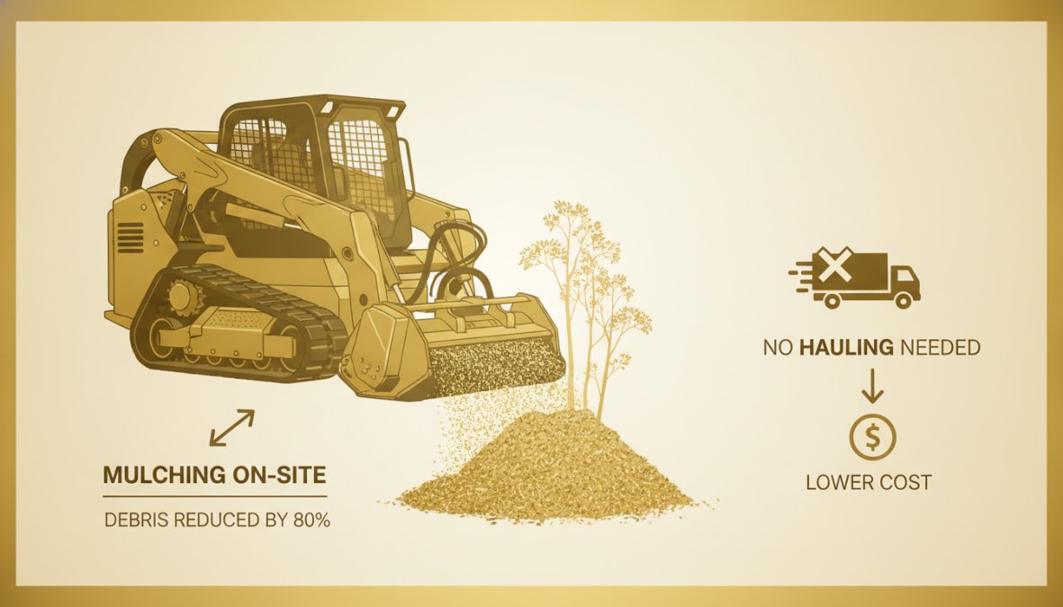 Heavy forestry mulching equipment with rotating drum attachment processing dense brush and vegetation into fine mulch on cleared property, creating uniform brown material across the ground