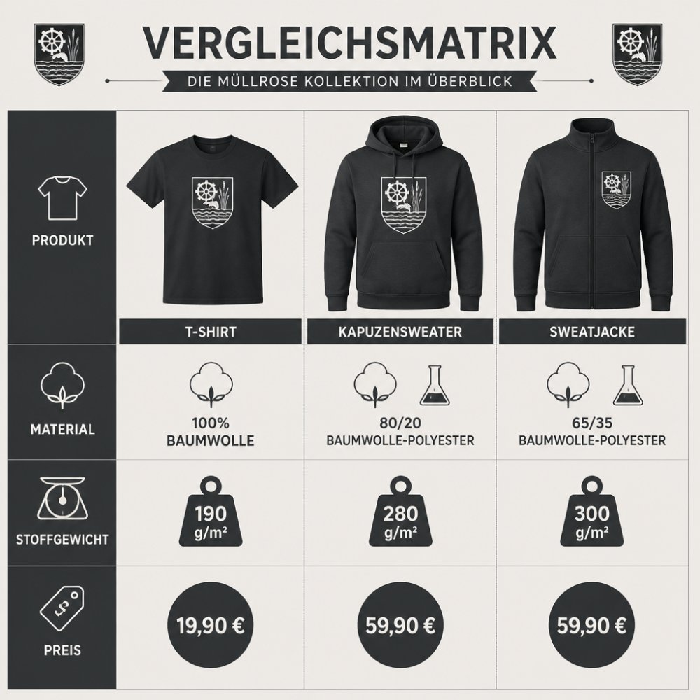 Vergleichsmatrix der Müllrose Kollektion: T-Shirt (100% Baumwolle, 190 g/m², 19,90 €), Kapuzensweater (80/20 Baumwolle-Polyester, 280 g/m², 59,90 €), Sweatjacke (65/35, 300 g/m², 59,90 €)