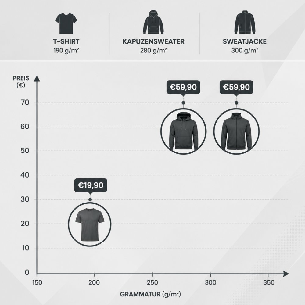 Vergleichsdiagramm der drei Kollektionsteile: T-Shirt 190 g/m² €19,90, Kapuzensweater 280 g/m² €59,90, Sweatjacke 300 g/m² €59,90 auf Achsen Grammatur vs. Preis