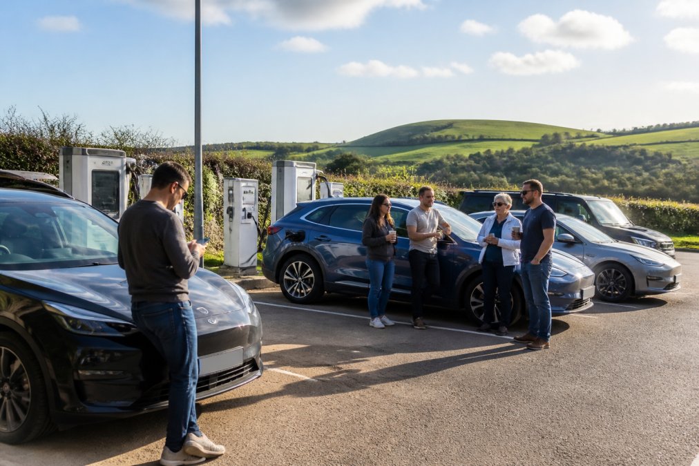 Multiple electric vehicles parked together at a public rapid charging station in Devon, with drivers checking their mobile phones and chatting beside the vehicles, afternoon sunlight casting long shadows across the tarmac