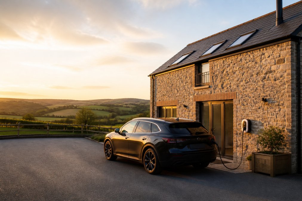 Luxury countryside barn conversion with an electric vehicle charging station visible in the driveway, rolling green hills and countryside visible in the background, warm evening light illuminating the stone building