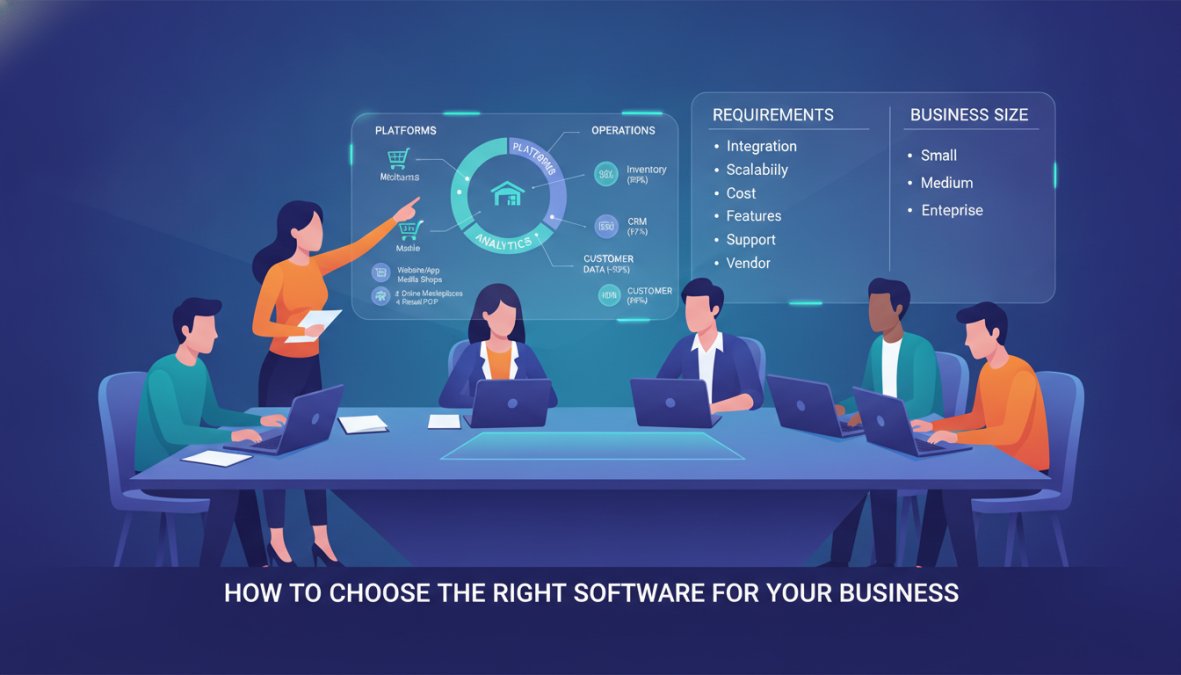 Three e-commerce professionals gathered around a conference table with open laptops, printed channel reports, and sticky notes on a whiteboard behind them, collaborating in a bright modern office with large windows