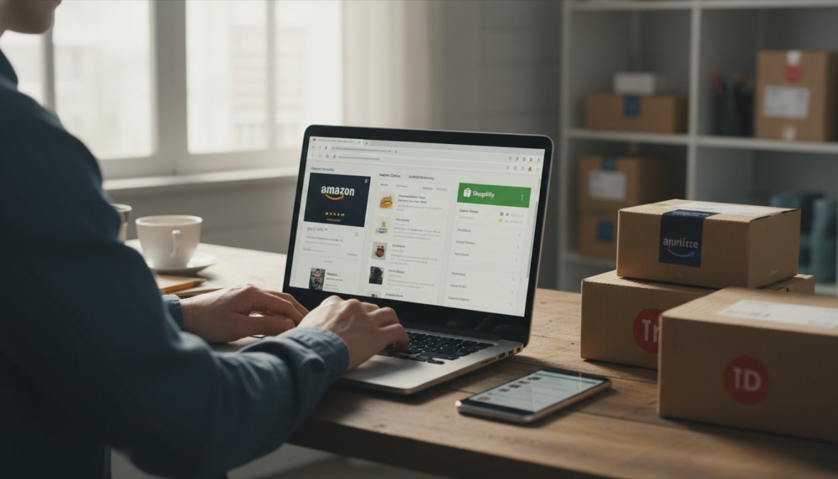 A small business owner sitting at a clean home office desk, focused on three monitors simultaneously displaying product listings on Amazon, eBay, and a personal Shopify storefront, with a ceramic coffee mug to one side and afternoon light coming through a window behind the desk