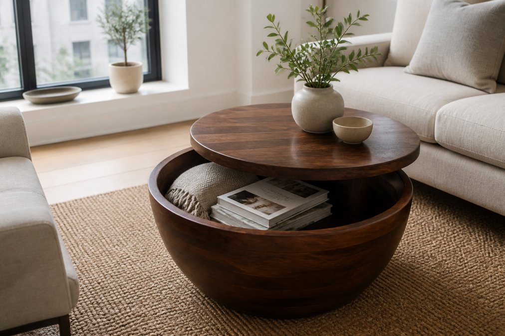 Diagram illustrating how a storage coffee table lifts to organize living room essentials in small spaces