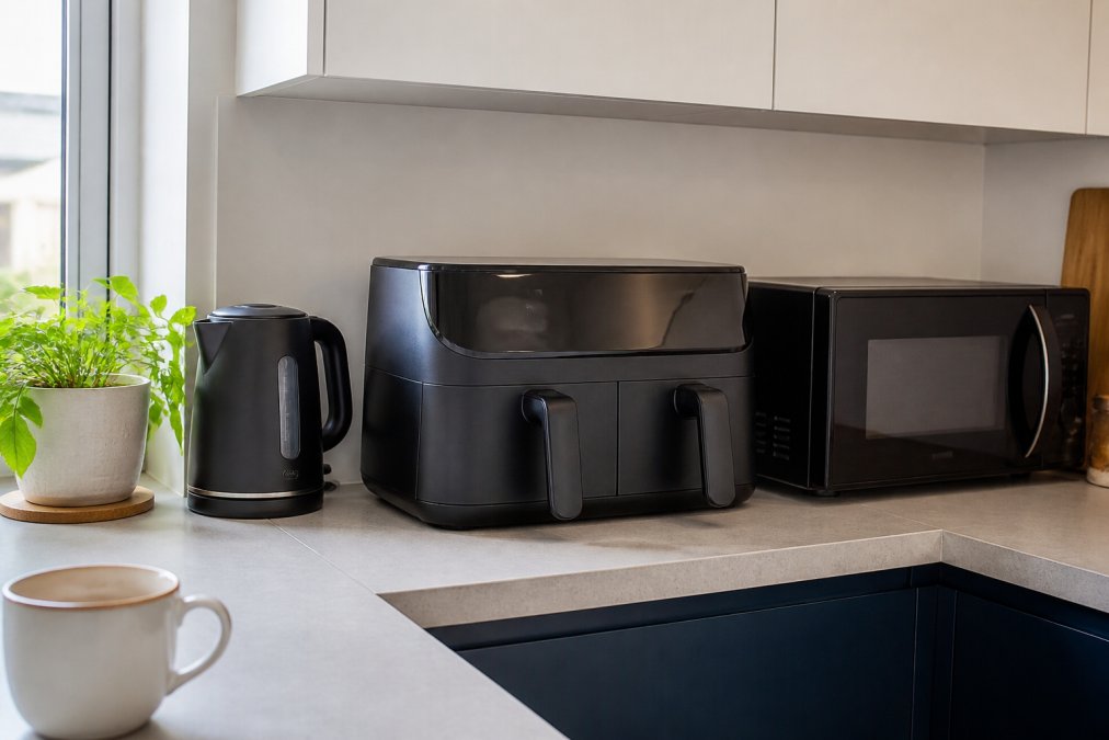 Modern compact kitchen with a sleek dual air fryer positioned on the counter between a kettle and microwave, showing efficient use of limited worktop space with clean lines and minimal visual clutter