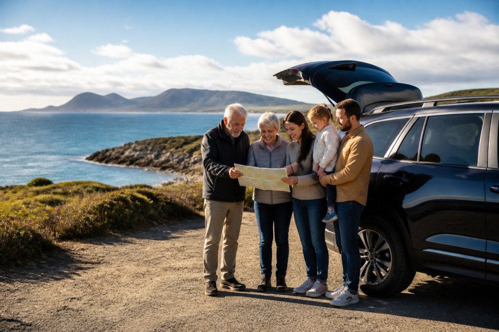 Multigenerational family planning their Tasmania holiday itinerary with a map beside an SUV overlooking the coast.