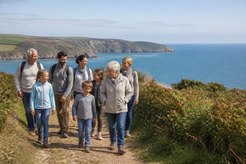 A three-generation family group of about eight people walking a coastal path in South Devon on a bright day, grandparents and children together, sea visible behind them, relaxed and natural