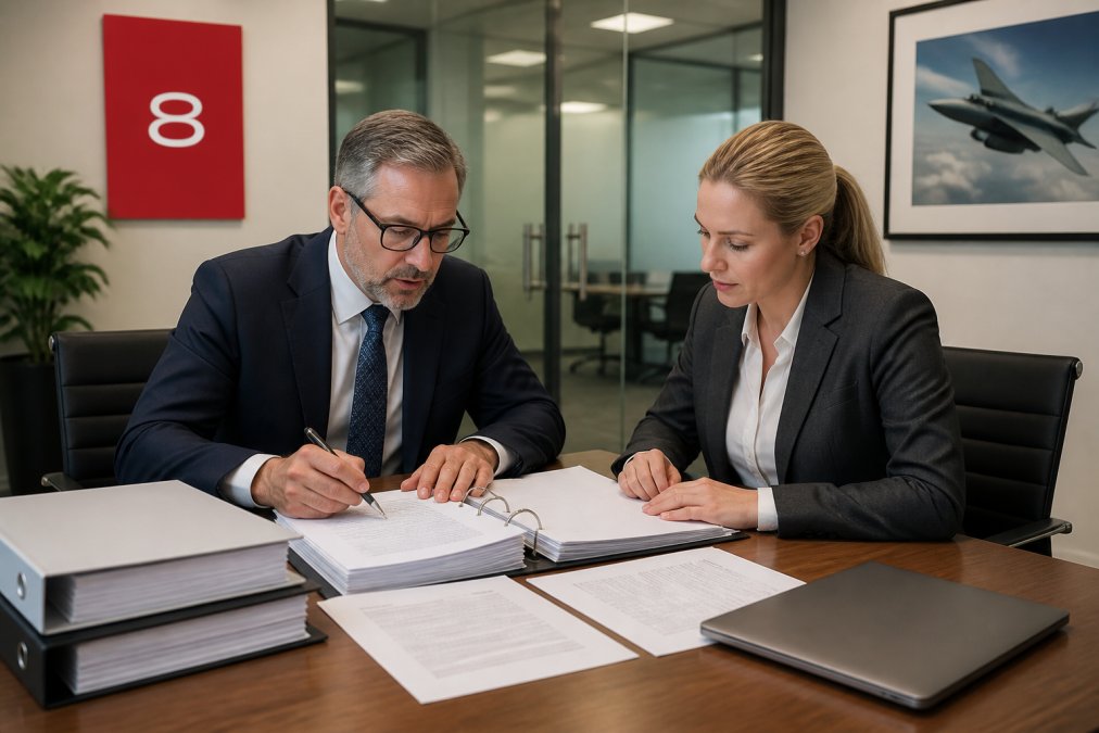 A compliance director and an internal auditor reviewing export control documentation together at a conference table in a secure corporate office, with binders and a laptop showing a risk register