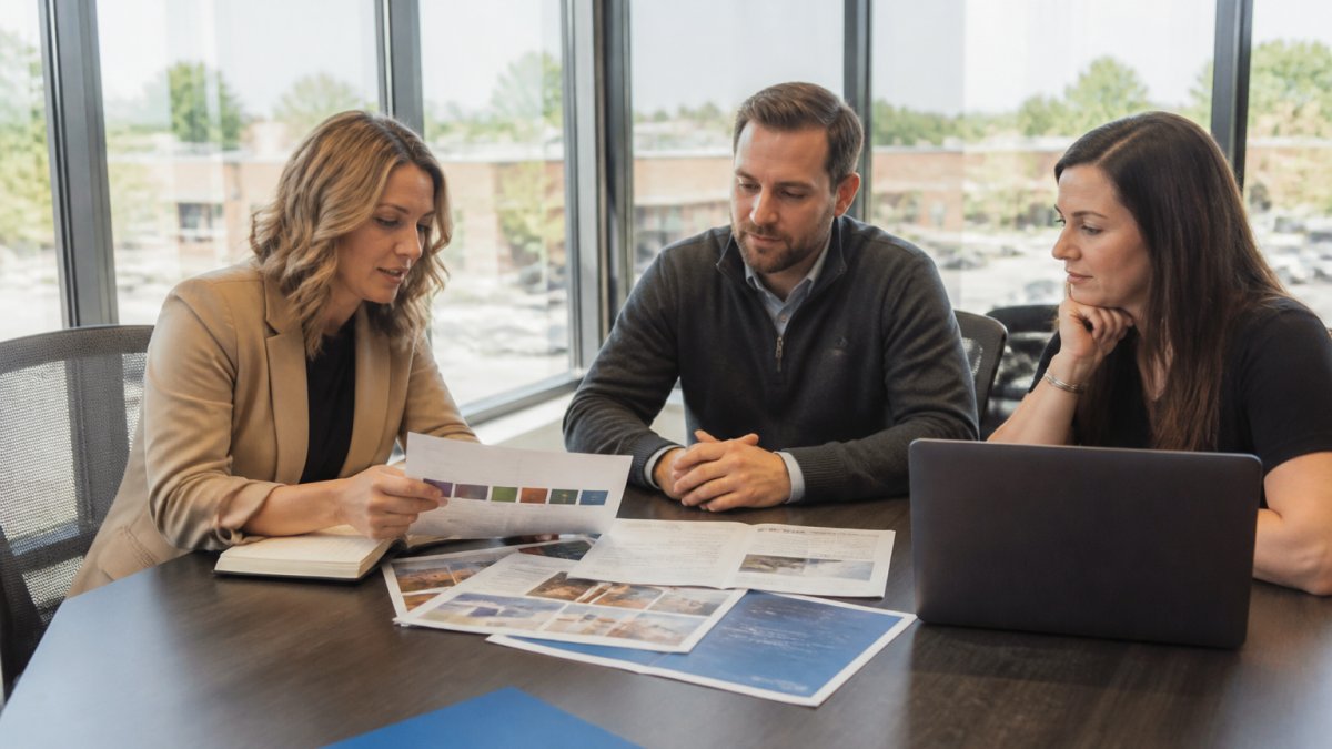 A corporate marketing manager and two regional managers reviewing printed brand guidelines and a laptop dashboard at a conference table in a bright office