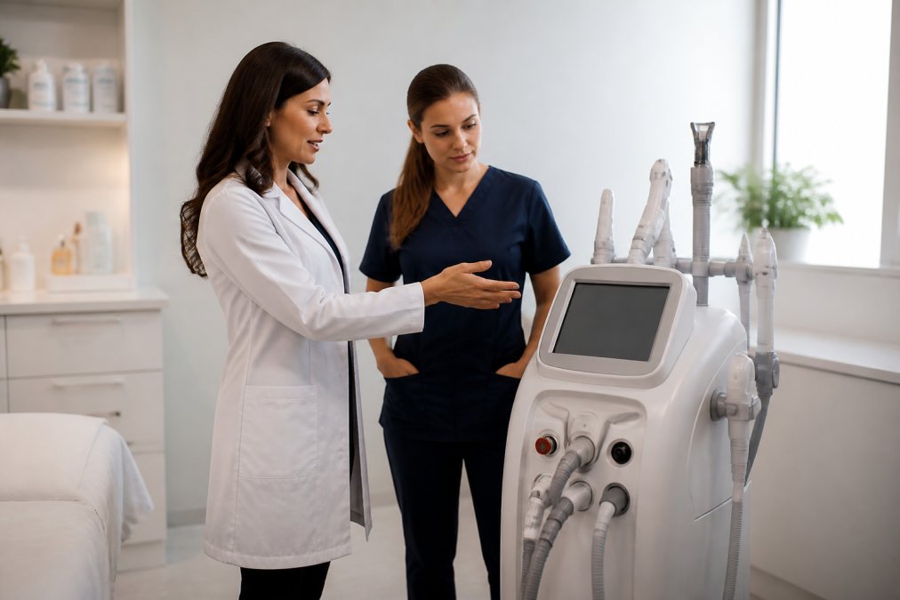 A female dermatologist in a white coat consulting with a nurse beside a sleek multi-modality laser platform in a bright, modern clinic room
