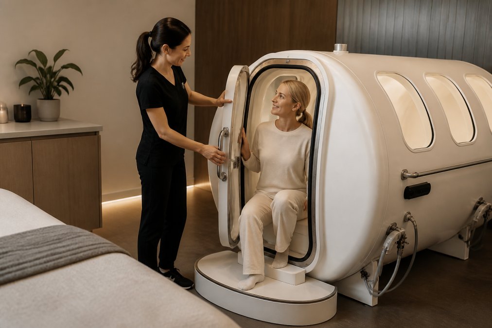 Wellness professional assisting a client entering a hyperbaric chamber in a modern spa treatment room with soft ambient lighting and clean equipment
