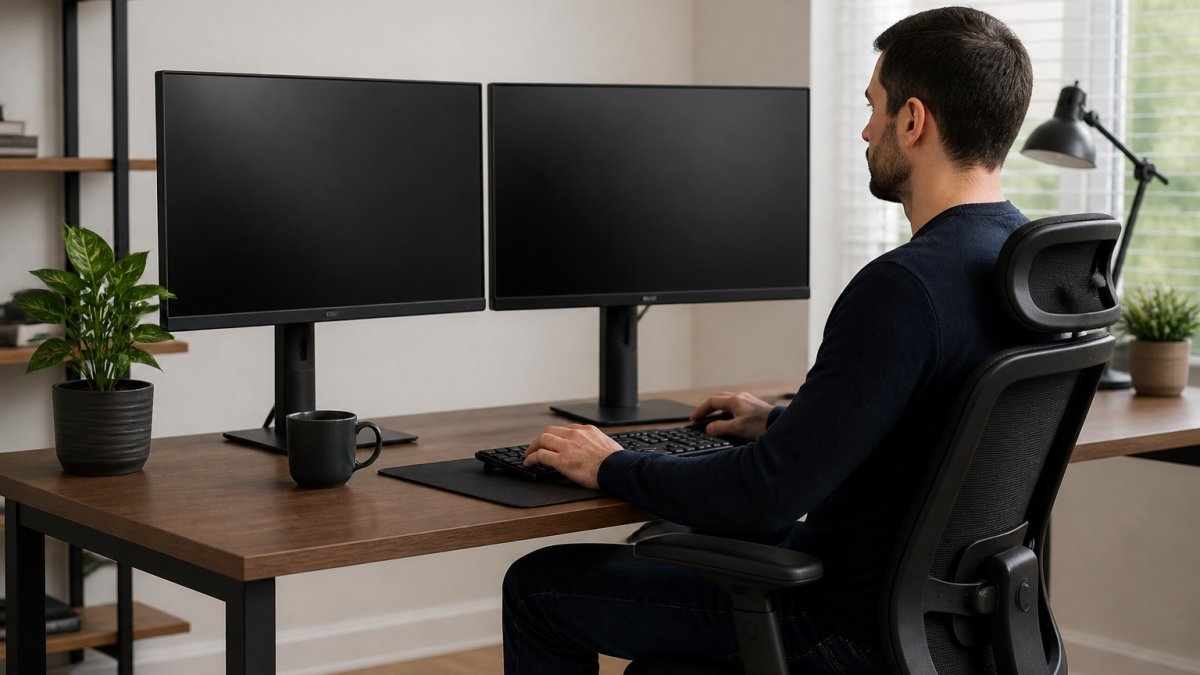 A person sitting at a clean home office desk with two monitors positioned at eye level, keyboard centered, and a coffee mug nearby, showing proper ergonomic posture