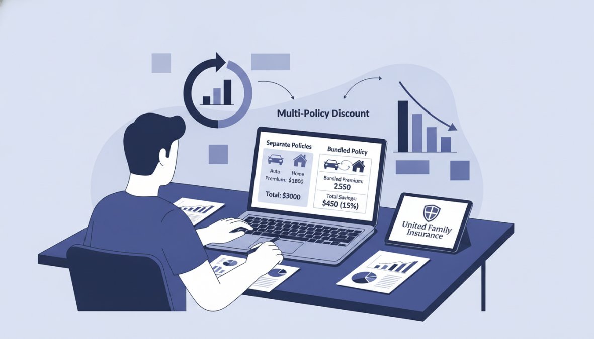 Person sitting at desk with laptop reviewing insurance policy documents and comparing multi-policy discount quotes on computer screen with papers spread out