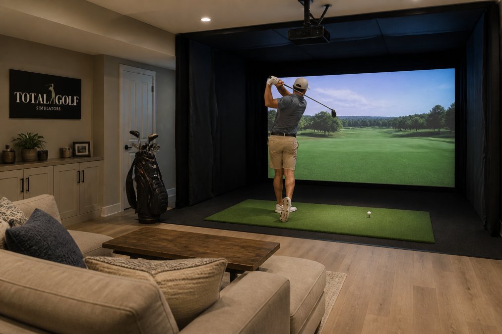 Golfer mid-swing in a multi purpose home golf simulator setup in a finished basement with lounge seating