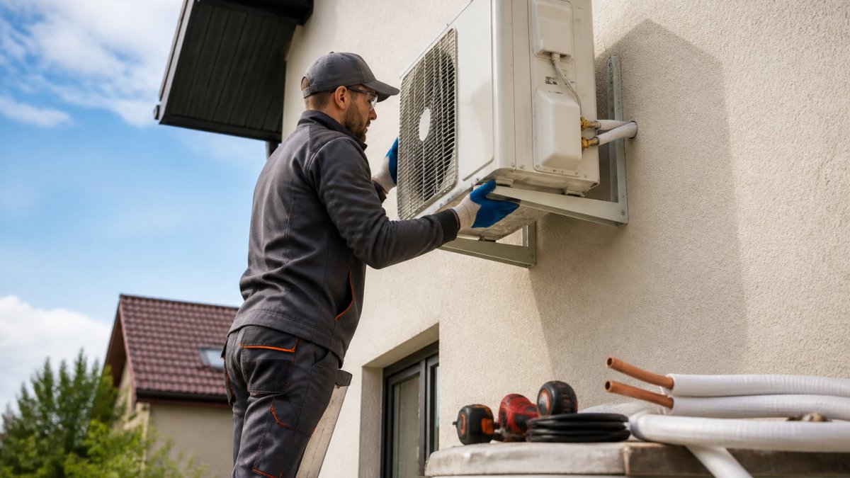 Technician in work clothes mounting an outdoor air conditioning unit on the wall of a residential house, tools and copper piping visible nearby, bright daytime scene