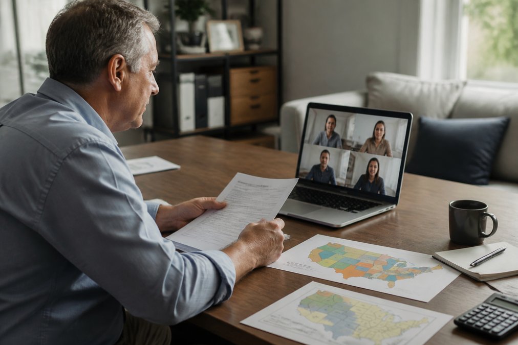Infographic flowchart mapping multi-state tax planning steps for remote employees and small business owners