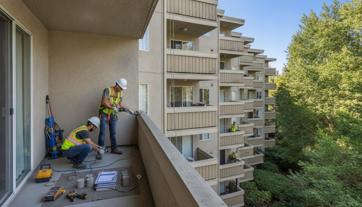 Licensed inspector performing hands-on structural assessment of a balcony railing, checking for corrosion and damage with specialized testing tools in afternoon sunlight