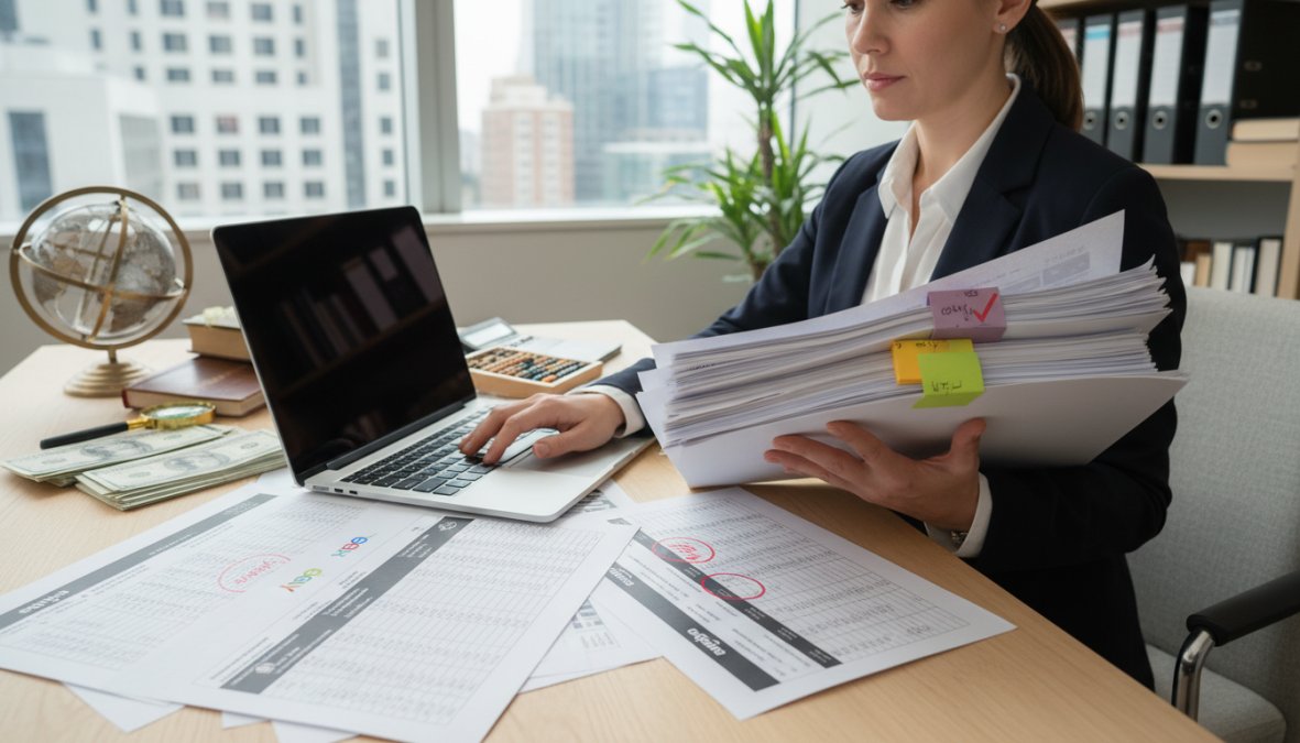 Business professional reviewing compliance documents at a clean desk, laptop screen showing marketplace seller dashboards in the background, modern office setting with natural window light