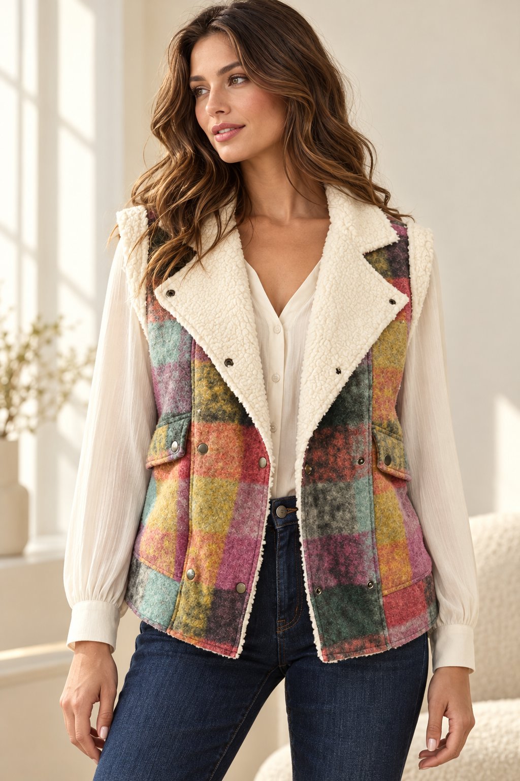 A woman wearing a Multicolor Dream Vest