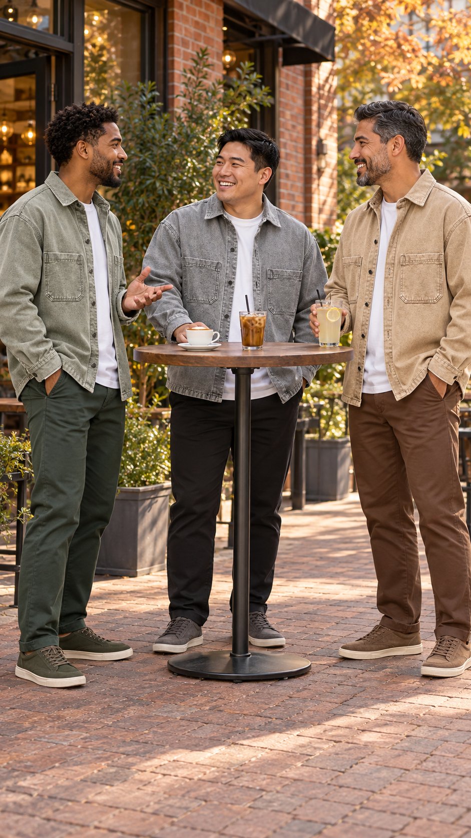Three man chatting at an outdoor cafe table
