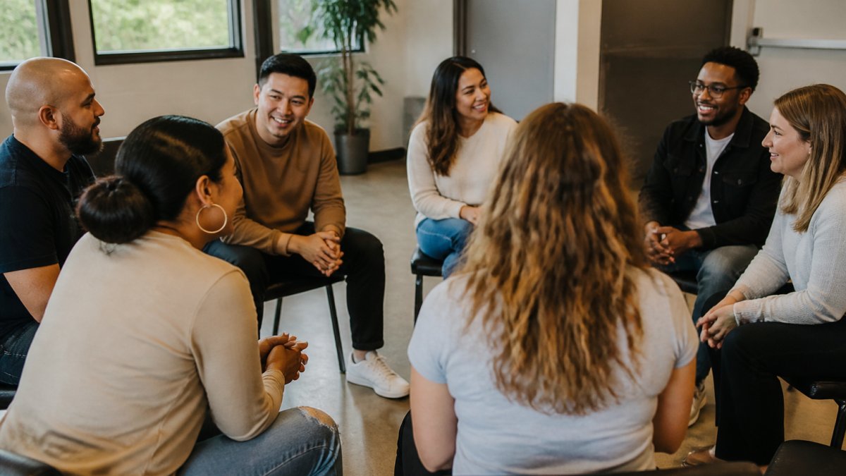 Diverse group of people in a multicultural church Denver small group sharing conversation in a circle.