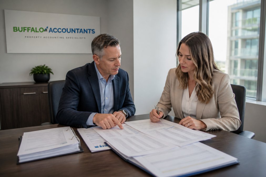 Property manager and accountant reviewing financial reports for multifamily accounting services at a desk