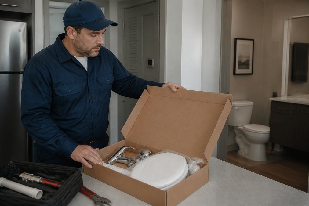 A maintenance technician in uniform opening a pre-packed bathroom repair kit box on a countertop in an apartment unit, with chrome faucet parts and a toilet seat visible inside the box