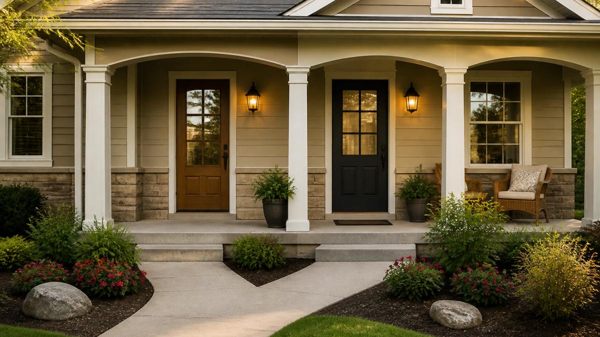 A multigenerational home exterior with two distinct front doors side by side, one leading to the main house and one to a private suite, with a shared porch and landscaping, photographed in warm afternoon light