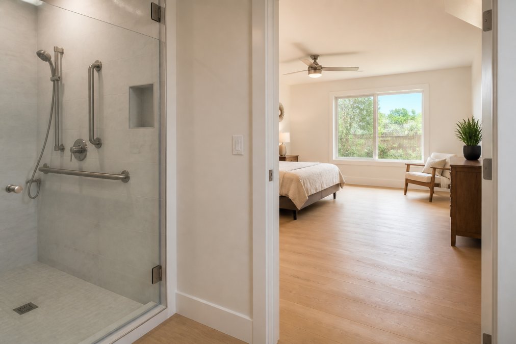 A bright, modern accessory dwelling unit interior featuring a zero-threshold shower with glass panel, brushed nickel grab bars, and wide doorways, natural light streaming through large windows onto light oak flooring