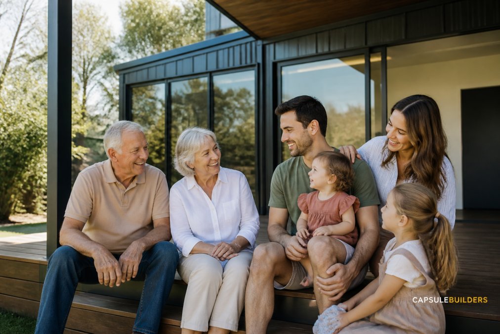 Three generations of a family, grandparents, parents, and young children, gathered outdoors on the deck of a modern steel-framed modular home, smiling and relaxed in a sunny Australian garden setting