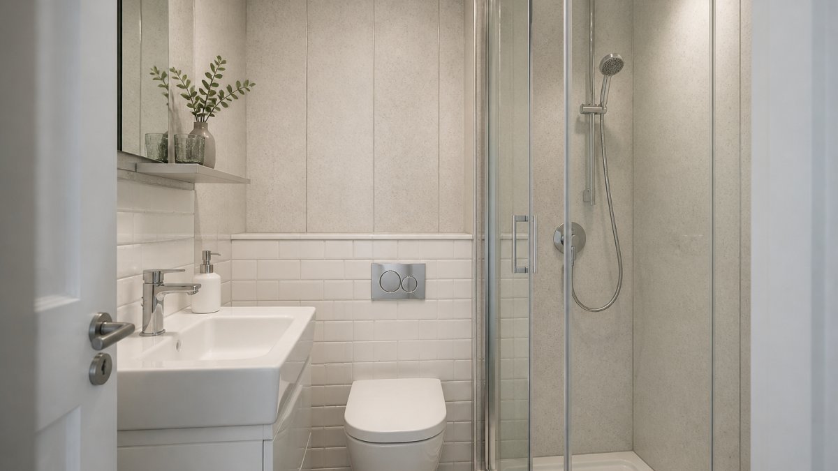 A compact ensuite bathroom with pale stone-effect wall panels in 250mm width installed over white subway-tiled base, showing how narrow panel widths and light finishes create visual spaciousness in a confined space with limited natural light