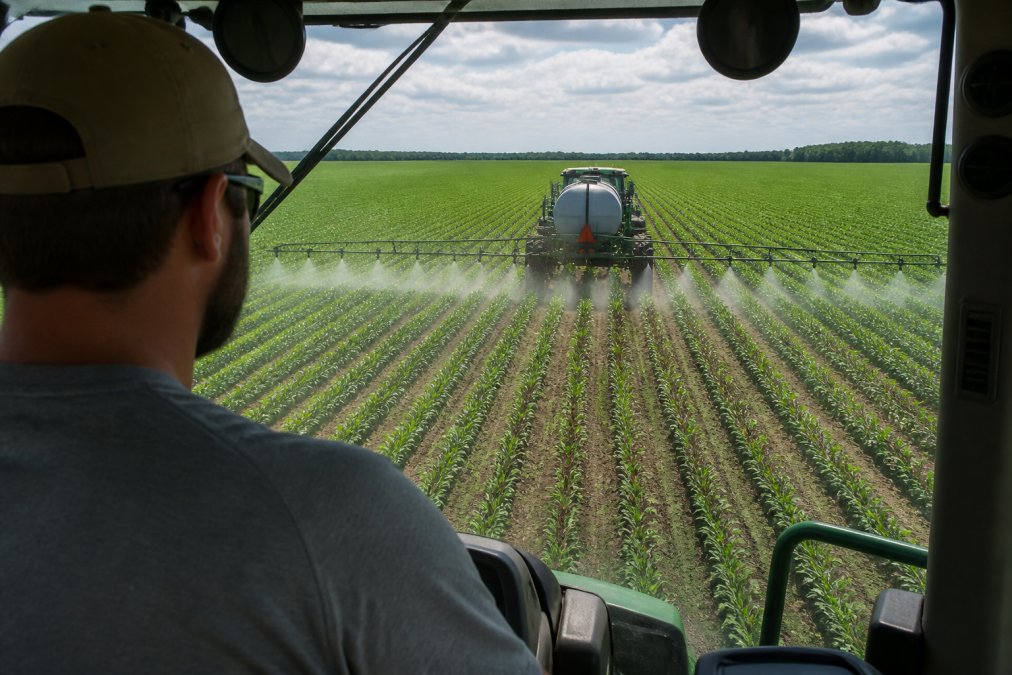 Agricultural equipment applying variable rates of fertilizer across a crop field with visible spray patterns, a tablet displaying field mapping data with color-coded zones visible in the operator's cab, green crops visible in background