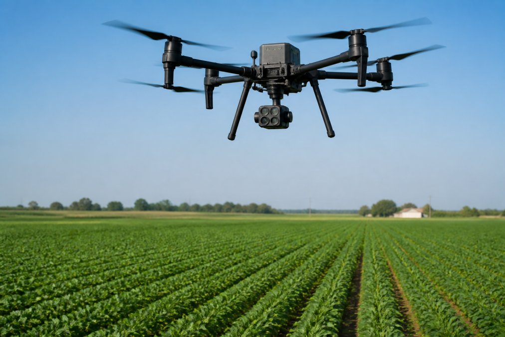 Drone equipped with multispectral camera hovering above a green crop field with visible row patterns, clear sky background