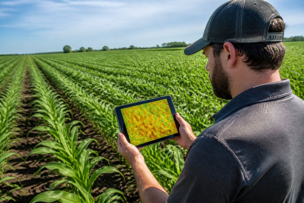 Farmer in field holding tablet displaying heat-mapped crop field data, rows of corn or soybeans in background